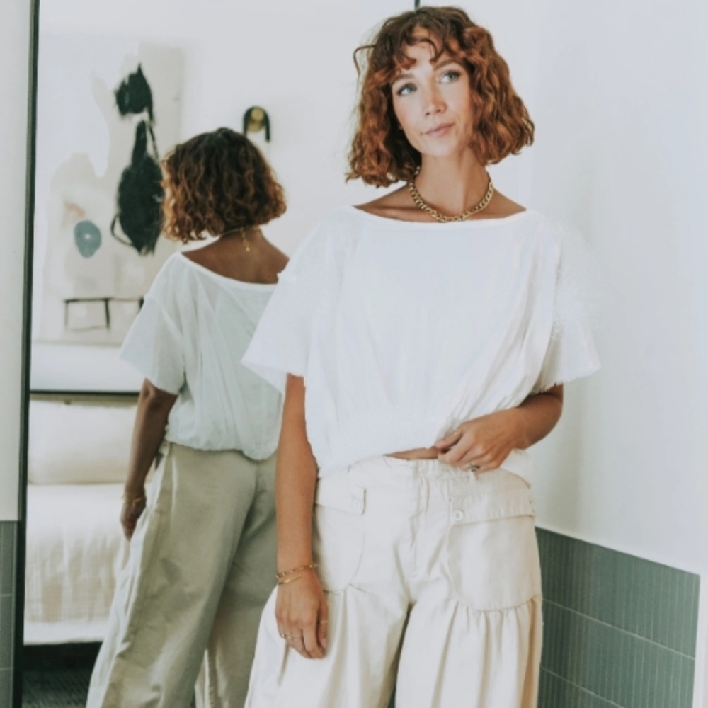 Free People White Cropped Short Sleeve Tee